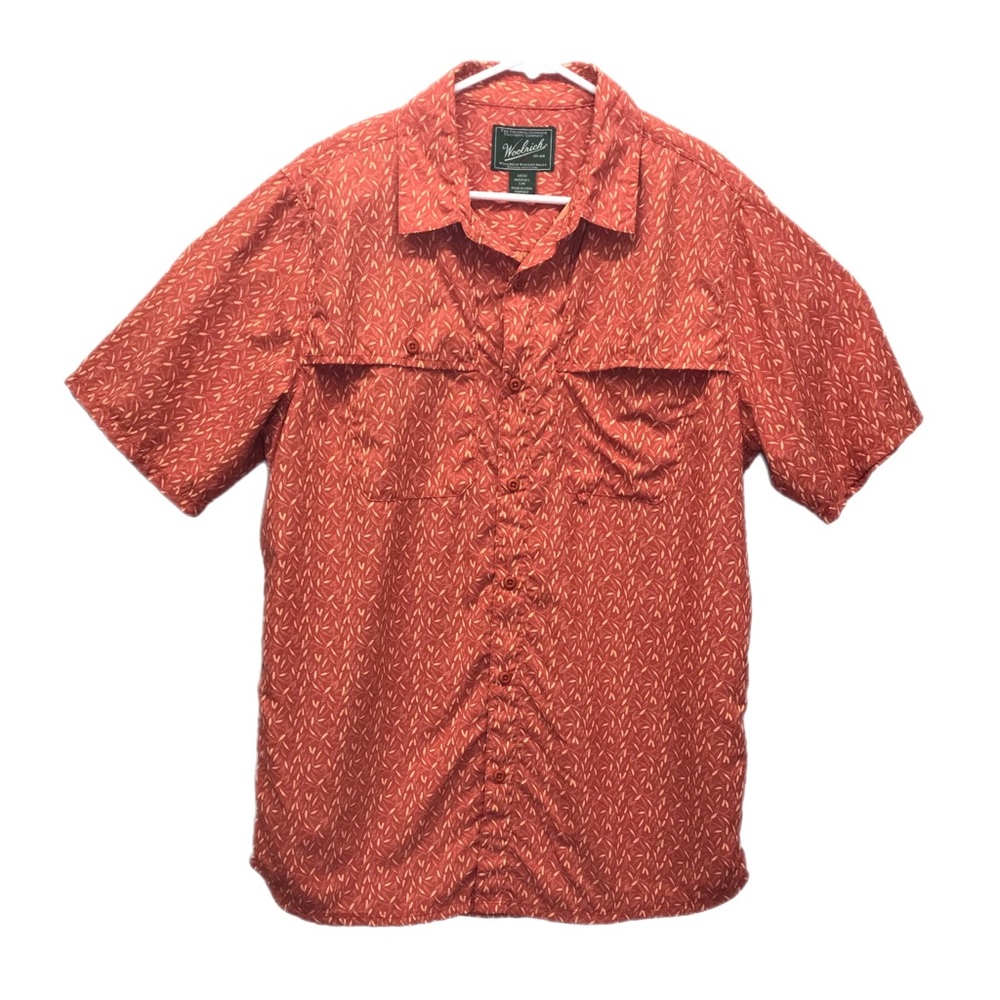 Woolrich Mens Button Down Orange Feather Short Sleeve Shirt 100% Nylon Sz Large.